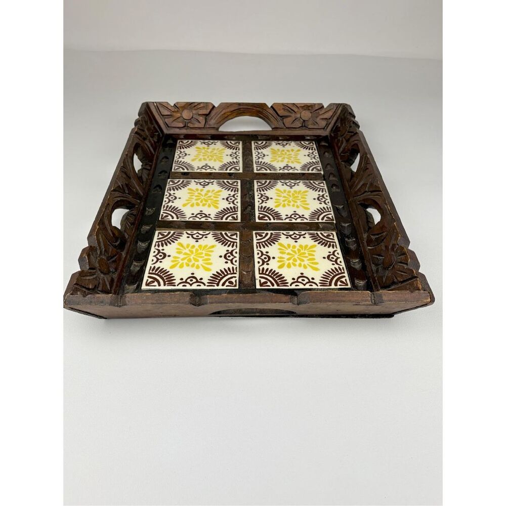 Vintage Mexican Talavera 6 Tile Hand Carved Wood 14.5x19.25in Serving Tray